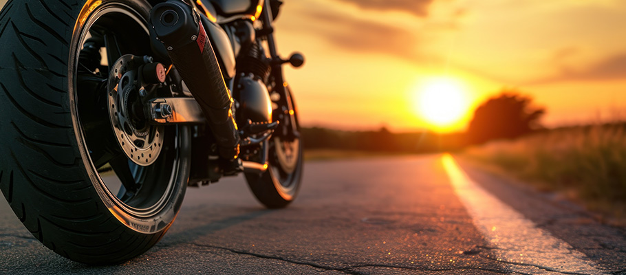 Ruedas-de-moto-sobre-carretera-al-atardecer